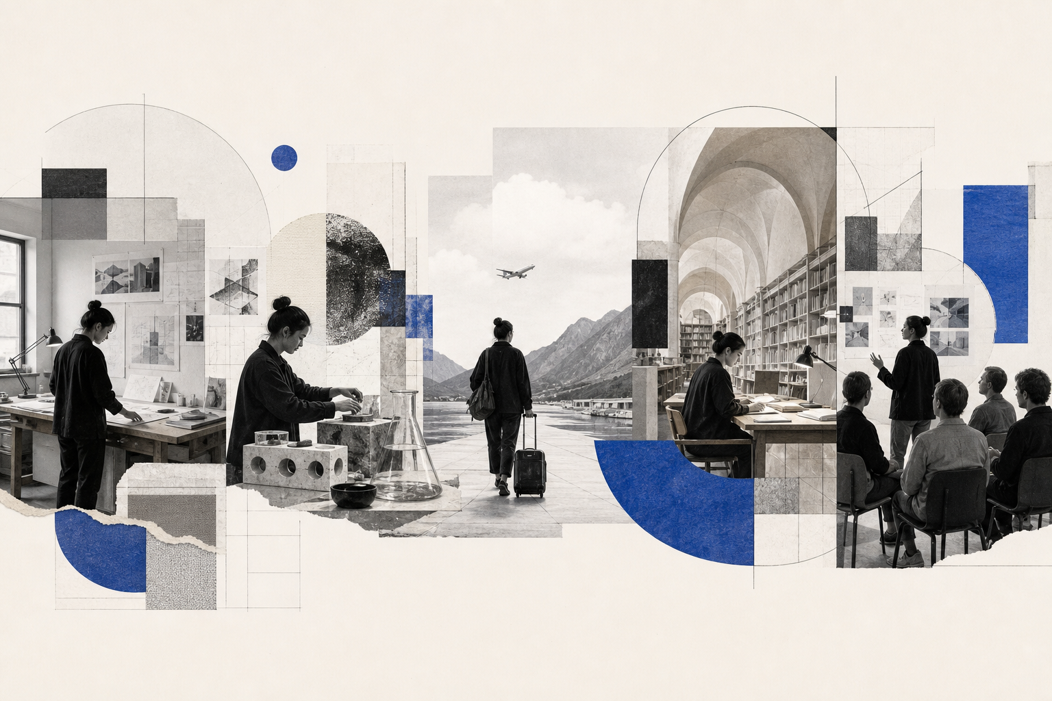 Editorial collage connecting design research, material experimentation, academic travel, library study, and public exchange
