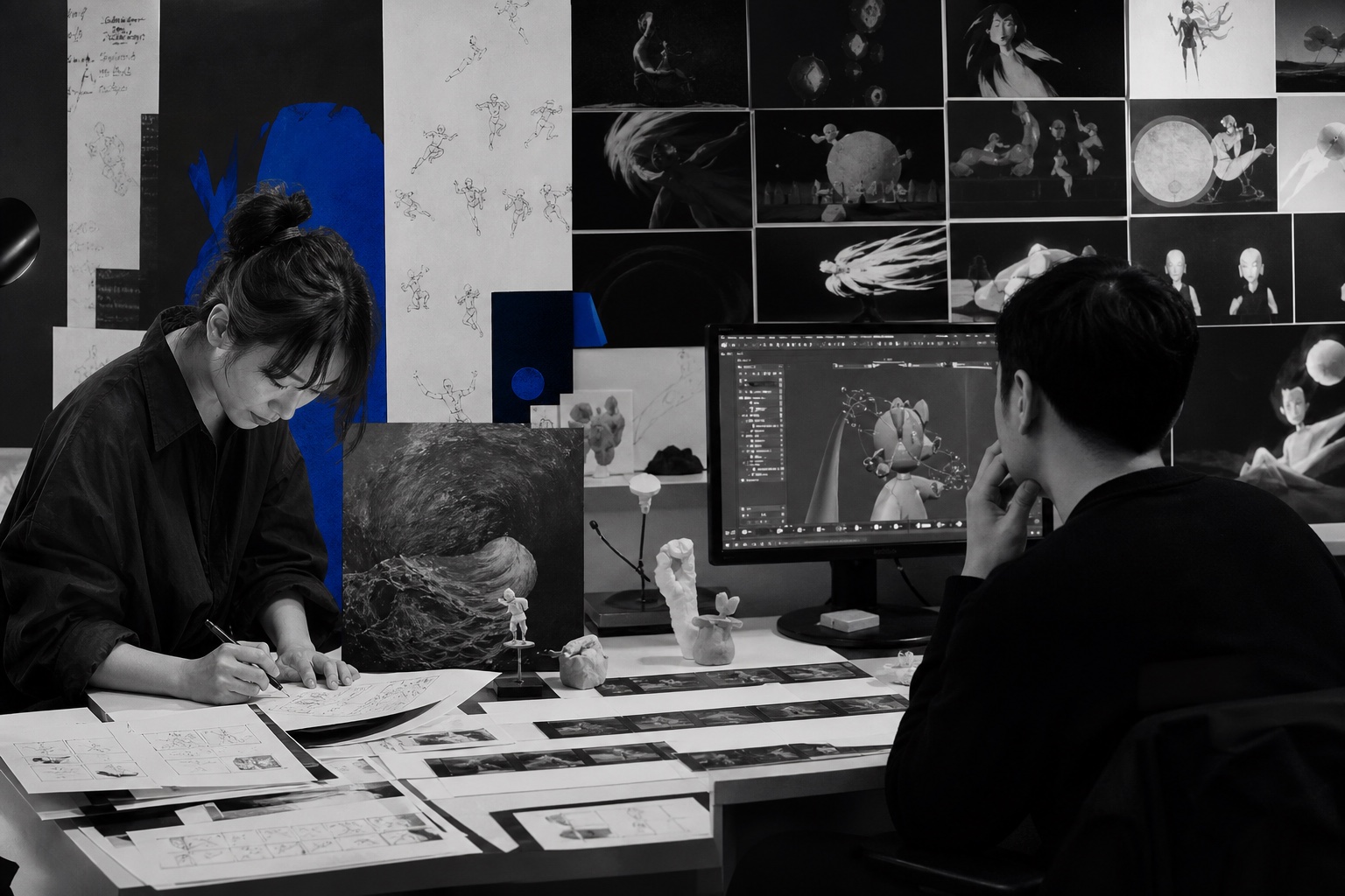 Animation and interaction designers developing storyboards, motion studies, and a digital character