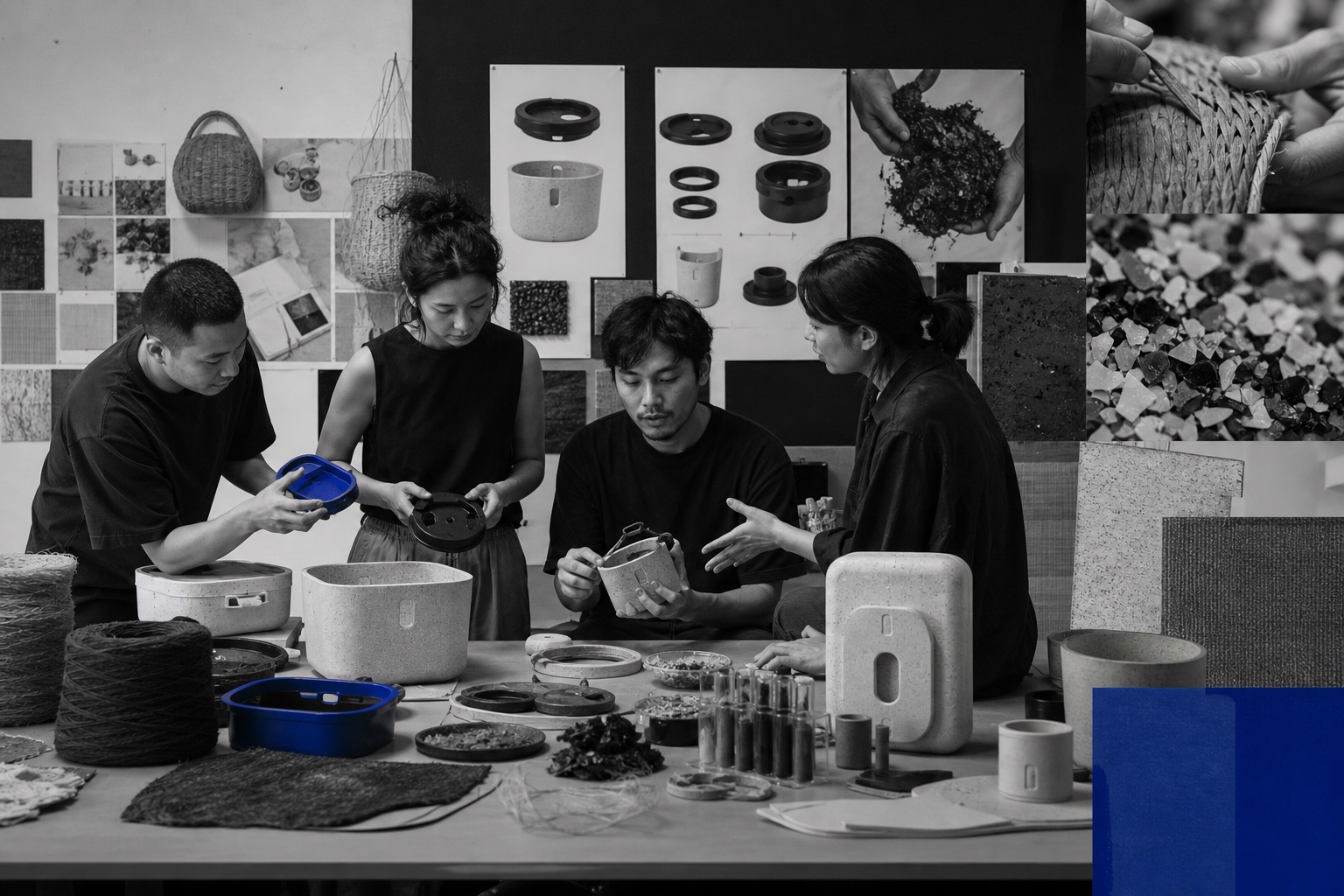 Industrial designers testing repairable products, bio-based materials, fibers, and circular components